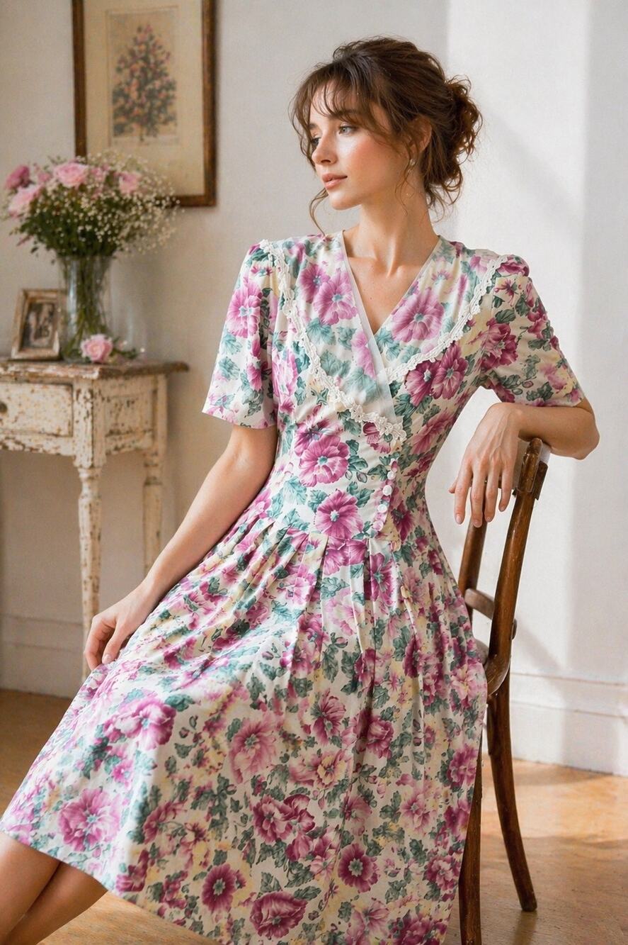 Vintage 80s Womens 10 Floral Midi Dress Cottagecore Romantic Garden Party